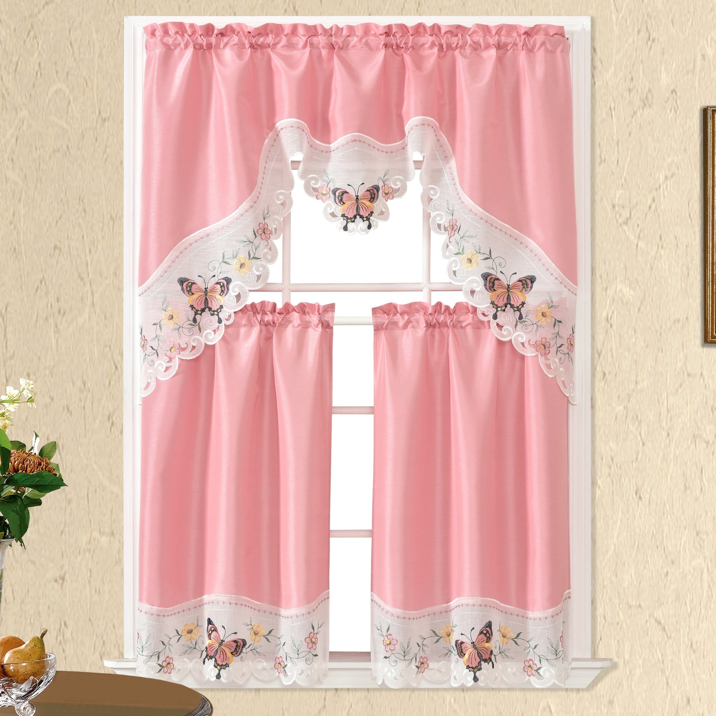 1 SET 3pcs/set Polyester plain fabric with beige floral lace, machine- pink blue gray burgundy butterfly pattern curtains, suitable for home decoration, bathroom, living room, bedroom, kitchen, outdoor decor, villa, wedding,